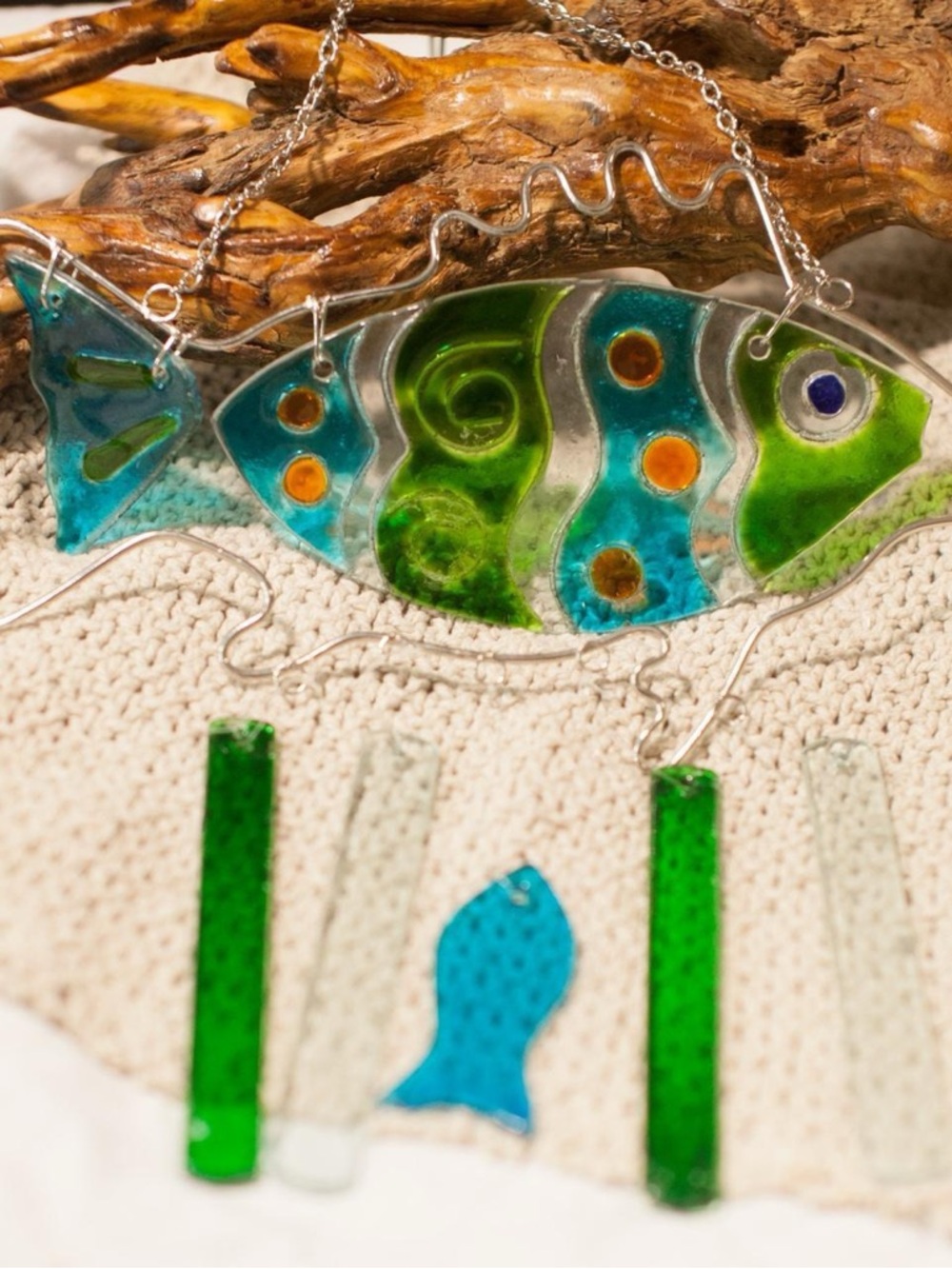 Handmade Green & Blue Glass Fish Wind Chime - Decorative Pet Fish Accent